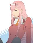  aqua_eyes breasts commentary darling_in_the_franxx double-breasted eyeshadow green_eyes hairband horns koyorin makeup medium_breasts military military_uniform oni_horns orange_neckwear pantyhose pink_hair red_horns shiny shiny_hair sitting straight_hair uniform white_hairband zero_two_(darling_in_the_franxx) 