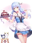  1girl animal apron bangs bare_shoulders blue_dress bow breasts brown_eyes cake cat chocolate_cake closed_mouth collarbone commentary_request dress eyebrows_visible_through_hair food frilled_apron frills fruit hair_between_eyes hair_bow hair_ornament heart highres holding holding_plate long_hair looking_at_viewer low_twintails off-shoulder_dress off_shoulder original pastry plate purple_bow ririko_(zhuoyandesailaer) small_breasts solo sparkle stool strawberry twintails waist_apron white_apron white_background white_bow 