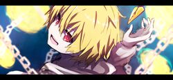  :d arm_up bangs blonde_hair blurry blurry_background chains character_request depth_of_field eyebrows_visible_through_hair fate/grand_order fate_(series) glowing glowing_eyes hair_between_eyes head_tilt hood hood_down hoodie letterboxed long_sleeves looking_at_viewer looking_back open_mouth portal_(object) red_eyes smile solo upper_teeth wada_kazu white_hoodie 