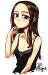  1girl absurdres black_hair black_shirt blush breasts brown_hair cleavage closed_mouth dated fingernails forehead green_eyes hand_up highres kotoba_noriaki looking_at_viewer mole mole_under_eye original ringed_eyes shirt signature simple_background sleeveless sleeveless_shirt small_breasts upper_body white_background 