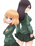  2girls back back-to-back bangs black_hair black_skirt blonde_hair blue_eyes clenched_hand closed_mouth commentary crossed_arms emblem eyebrows_visible_through_hair from_behind frown girls_und_panzer green_jacket grin jacket katyusha kitayama_miuki long_hair long_sleeves looking_at_viewer looking_back miniskirt multiple_girls nonna pleated_skirt pravda_school_uniform red_shirt school_uniform shirt short_hair simple_background skirt smile standing turtleneck white_background 