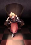  2girls blank_eyes blonde_hair blue_eyes chair closed_eyes doll doll_joints expressionless hair_ribbon mary_janes medicine_melancholy medium_hair multiple_girls puffy_short_sleeves puffy_sleeves qwer1234777 red_skirt ribbon shoes short_sleeves skirt string su-san touhou 