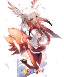  1000marie 1girl bangs blunt_bangs brown_footwear clouds eyebrows_visible_through_hair feathers frilled_skirt frilled_sleeves frills fur_collar gloves hands_clasped head_wings interlocked_fingers japanese_crested_ibis_(kemono_friends) kemono_friends loafers long_sleeves looking_at_viewer multicolored_hair own_hands_together pantyhose pleated_skirt red_gloves red_legwear redhead shirt shoes short_hair_with_long_locks skirt smile solo tail two-tone_hair white_hair wide_sleeves yellow_eyes 