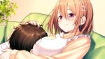  1boy 1girl apron between_breasts blurry blurry_background blush breasts brown_hair closed_mouth couch depth_of_field fingernails hair_between_eyes hair_ornament hairclip head_between_breasts hiraga_matsuri indoors large_breasts long_sleeves looking_to_the_side orange_hair orange_sweater original petting pink_eyes plant potted_plant ribbed_sweater shirt short_hair sitting smile sweater white_apron white_shirt 