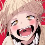  1girl bags_under_eyes bangs blonde_hair blunt_bangs blush boku_no_hero_academia crazy_smile double_bun face fangs hair_bun half-closed_eyes kuromu_(underporno) open_mouth red_background scarf sharp_teeth short_twintails simple_background slit_pupils smile teeth toga_himiko twintails yandere_trance yellow_eyes 
