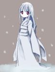  1girl :o bangs blue_kimono brown_background eyebrows_visible_through_hair hair_between_eyes highres japanese_clothes kai_himo kimono long_hair long_sleeves looking_at_viewer obi original pale_skin parted_lips red_eyes sash silver_hair sketch sleeves_past_fingers sleeves_past_wrists snow snow_on_head snowing solo wide_sleeves yuki_onna 