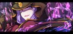  1girl bangs black_cloak black_gloves caster cloak fate/grand_order fate/stay_night fate_(series) gloves glowing glowing_eyes hair_between_eyes hood hood_up index_finger_raised long_hair looking_at_viewer looking_to_the_side open_mouth purple_hair purple_lips solo violet_eyes wada_kazu 