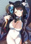  1girl :3 animal_ears azur_lane black_hair breasts character_request china_dress chinese_clothes cleavage dress flower fusou_(azur_lane) hair_flower hair_ornament hand_up highres holding large_breasts long_hair long_sleeves looking_at_viewer one_eye_closed oriental_umbrella parted_lips smile solo takashiru twitter_username umbrella white_dress wide_sleeves 