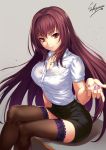  1girl artist_name black_skirt blouse bra bracelet breasts cleavage collarbone collared_blouse fate/grand_order fate_(series) grey_background hair_intakes highres jewelry large_breasts legs_crossed lips long_hair looking_at_viewer miniskirt nail_polish necklace office_lady pencil_skirt purple_hair purple_nails red_eyes sakiyamama scathach_(fate/grand_order) see-through short_sleeves simple_background sitting skirt smile solo thigh-highs very_long_hair white_blouse 