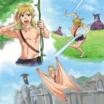  1boy blonde_hair character_request dodging flying_squirrel gliding grass guardian_(breath_of_the_wild) link long_hair monbetsu_kuniharu nintendo plant pointy_ears ponytail scar short_hair stretched_limb the_legend_of_zelda the_legend_of_zelda:_breath_of_the_wild vines weapon what 