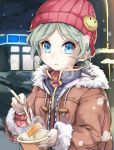  1girl asutora beanie blue_eyes breath brown_coat coat commentary_request copyright_request fingernails food food_request fork fur_trim green_hair hat hat_pin highres holding holding_food holding_fork long_sleeves looking_at_viewer outdoors parted_lips short_hair smiley_face solo upper_body 