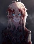  1girl absurdres bangs belt blonde_hair blood blood_on_face bloody_clothes blue_eyes blurry blurry_background clenched_teeth crying crying_with_eyes_open eyebrows_visible_through_hair hair_between_eyes highres long_hair military military_uniform puririririn shirt solo tears teeth uniform upper_body violet_evergarden violet_evergarden_(character) 