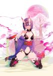  alcohol bob_cut cherry_blossoms cup fate/grand_order fate_(series) horns japanese_clothes kimono kneeling menea moon oni oni_horns open_clothes open_kimono purple_hair revealing_clothes sakazuki sake short_eyebrows shuten_douji_(fate/grand_order) tree 