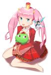  1girl :d akane_garnet barefoot blue_eyes crown dress fairy full_body highres looking_at_viewer mini_crown open_mouth pink_hair red_dress sitting smile solo stuffed_animal stuffed_frog stuffed_toy tigersaber uchi_no_hime-sama_ga_ichiban_kawaii violet_eyes 