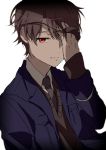  1boy aldnoah.zero black_neckwear blue_jacket brown_hair brown_vest closed_mouth collared_shirt commentary_request eyepatch hand_over_eye hand_up hiiragi_fuyuki jacket kaizuka_inaho long_sleeves looking_at_viewer male_focus necktie open_clothes open_jacket red_eyes shirt simple_background smile solo tears upper_body vest white_background white_shirt wing_collar 