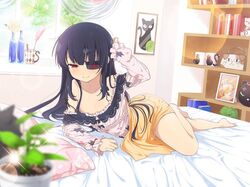  1girl black_hair bottle cup eyepatch mirai_(senran_kagura) mug picture_frame plant red_eyes senran_kagura senran_kagura_(series) solo yaegashi_nan 