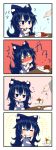  /\/\/\ 1girl 4koma =_= ? bare_arms blue_bow blue_eyes blue_hair blush bow cherry chibi closed_mouth comic commentary_request cup curry curry_rice debt drinking_glass eating eyebrows_visible_through_hair food fruit hair_between_eyes hair_bow hand_on_own_cheek hands_up happy highres holding holding_drinking_glass hood hood_down hoodie jakomurashi long_hair no_nose nose_blush o_o open_mouth plate pudding rice short_sleeves silent_comic smile solo_focus sparkle surprised table touhou upper_body whipped_cream yorigami_shion 
