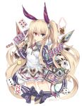  1girl :o ace_of_spades blue_eyes bow chess_piece club_(shape) diamond_(shape) dress grimms_notes hair_bow heart heart-shaped_pupils heart_card heterochromia long_sleeves looking_at_viewer multicolored multicolored_clothes multicolored_dress purple_dress queen_(chess) queen_of_hearts_(card) red_eyes rento_(rukeai) solo spade_(shape) symbol-shaped_pupils white_dress 