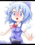  1girl bangs blue_bow blue_eyes blue_hair blue_skirt blue_vest blush bow breasts cirno collared_shirt commentary_request dress_shirt eyebrows_visible_through_hair fang hair_between_eyes hair_bow ice ice_wings letterboxed looking_at_viewer makuran nose_blush open_mouth puffy_short_sleeves puffy_sleeves ring_box shirt short_sleeves simple_background skirt small_breasts solo tears touhou vest white_background white_day white_shirt wings 