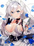  absurdres apron azur_lane bangs belfast_(azur_lane) braid breasts chains cleavage collar collarbone commentary_request corset eyebrows_visible_through_hair falling_petals french_braid frilled_apron frilled_gloves frills gloves highres large_breasts maid maid_apron maid_headdress petals pomu_(pomu_me) silver_hair white_apron white_gloves 