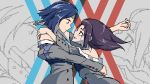  2girls darling_in_the_franxx face-to-face hug ichigo_(darling_in_the_franxx) ikuno_(darling_in_the_franxx) looking_at_another lowres miko_embrace multiple_girls off_shoulder tears yuri zoom_layer 
