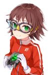  1girl bangs black_cola breasts brown_hair closed_mouth eyebrows_visible_through_hair gloves goggles green_eyes highres holding jacket long_hair long_sleeves looking_at_viewer original red_jacket simple_background small_breasts smile solo track_jacket white_background white_gloves 