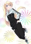  1girl black_pants blonde_hair blue_eyes eyebrows_visible_through_hair floating_hair full_body hair_between_eyes hands_in_pockets long_hair new_game! open_mouth pants pink_x shoes sneakers solo sweater very_long_hair white_background white_footwear yagami_kou 