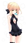  1girl arms_behind_back artoria_pendragon_(all) artoria_pendragon_(swimsuit_rider_alter) bare_shoulders blonde_hair bow breasts cleavage cleavage_cutout collarbone cross_(crossryou) eyebrows_visible_through_hair fate/grand_order fate_(series) food frills hair_bow halterneck highres leg_garter mouth_hold one-piece_swimsuit popsicle short_hair simple_background solo standing swimsuit yellow_eyes 
