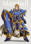  1boy armor blonde_hair blue_eyes cape english fire_emblem fire_emblem:_akatsuki_no_megami fire_emblem:_souen_no_kiseki full_body gatrie gauntlets greaves grey_background gzei holding holding_shield pauldrons shield simple_background smile solo spiky_hair 