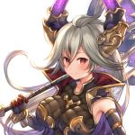  1girl armpits axe bangs bare_shoulders black_gloves blush breasts closed_mouth commentary_request curled_horns detached_sleeves draph fur-trimmed_gloves fur_trim gloves granblue_fantasy hair_between_eyes holding holding_axe holding_weapon horns large_breasts long_hair long_sleeves looking_at_viewer narusegawa_riko over_shoulder red_eyes silver_hair simple_background sleeveless smile solo thalatha_(granblue_fantasy) very_long_hair weapon weapon_over_shoulder white_background 