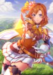  1girl absurdres belt blue_eyes breastplate breasts cape clouds cloudy_sky commentary earrings forest gloves granblue_fantasy grasslands hair_ornament highres huge_filesize jewelry kousaka_honoka love_live! love_live!_school_idol_project medium_breasts nature one_side_up orange_hair pointing pointing_at_viewer raemn_(raemn2d) scabbard sheath shiny shiny_hair short_hair skirt sky solo sparkle sword thigh-highs weapon white_gloves white_skirt 