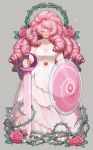  1girl absurdres bare_shoulders breasts cleavage closed_eyes collarbone dress drill_hair flower gem highres large_breasts long_hair navel_cutout oxlxlo pink_hair rose rose_quartz_universe shield simple_background smile solo star_cutout steven_universe sword thorns very_long_hair weapon white_background white_dress 