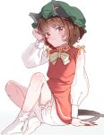  1girl animal_ears bloomers bobby_socks bow bowtie brown_eyes brown_hair cat_ears cat_tail chen chinese_clothes fingernails hat highres long_fingernails long_sleeves mob_cap nail_polish puffy_long_sleeves puffy_sleeves satomachi sitting socks tail touhou underwear wrist_cuffs 