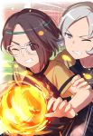  2boys bangs brown_hair character_request clenched_teeth commentary_request eyebrows_visible_through_hair fire grey_hair headband highres inazuma_eleven inazuma_eleven_(series) inazuma_eleven_ares_no_tenbin male_focus motion_lines multiple_boys one_eye_closed parted_bangs raglan_sleeves sekina short_sleeves shorts soccer_uniform sportswear teeth v-shaped_eyebrows violet_eyes yagihara_katsumi 