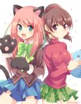  &gt;:) +_+ 2girls :3 ahoge animal_ears aqua_eyes blue_skirt bow brown_eyes brown_hair cat_ears cat_paws cat_tail fang green_bow green_hair green_skirt hairband hashimoto_nyaa holding_fish long_hair long_sleeves looking_at_viewer low_twintails multicolored_hair multiple_girls open_mouth orange_ribbon osomatsu-san paw_pose paws pink_hair plaid plaid_skirt pleated_skirt pout red_hairband red_shirt rento_(rukeai) ribbon shirt short_hair skirt smile sparkle sparkle_background tail twintails yowai_totoko 