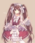  1girl bow brown_eyes brown_hair character_name dress floral_print flower gothic_wa_mahou_otome hair_bow hairband lolita_fashion lolita_hairband long_hair long_sleeves looking_at_viewer ranun_(gothic_wa_mahou_otome) red_bow red_dress rento_(rukeai) rose rose_print smile solo twintails white_bow white_legwear 