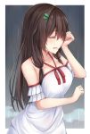  1girl bare_shoulders blush breasts broken_heart brown_hair closed_eyes collarbone crying dress eyebrows_visible_through_hair facing_away hair_ornament highres large_breasts long_hair original parted_lips rain solo white_dress ym_(distance819) 