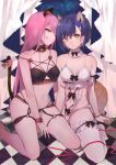  1girl 2girls :q absurdres alternate_costume animal_ears bare_shoulders barefoot bell black_bow black_bra black_panties blue_hair bow bra breasts cat_ears cat_tail closed_mouth commentary curtains darling_in_the_franxx eyeshadow fox_ears fox_tail green_eyes hair_ornament hairclip highres ichigo_(darling_in_the_franxx) jingle_bell kemonomimi_mode kneeling leg_garter lingerie long_hair looking_at_viewer makeup medium_breasts multiple_girls navel panties parted_lips pink_bow pink_hair red_string seductive_smile short_hair sitting slyvia smile solo string tail tail_bow thigh-highs tile_floor tiles tongue tongue_out underwear underwear_only wariza white_bra white_legwear white_panties wristband zero_two_(darling_in_the_franxx) 
