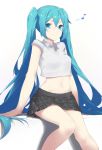  1girl blue_eyes blue_hair brown_skirt crop_top fhang hair_between_eyes hatsune_miku long_hair miniskirt musical_note pleated_skirt shirt short_sleeves simple_background sitting skirt smile solo twintails very_long_hair vocaloid white_background white_shirt 