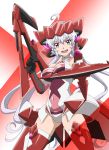  1girl :d absurdres ahoge ass_visible_through_thighs boots breasts cleavage_cutout commentary_request cowboy_shot dual_wielding gun headgear highres large_breasts long_hair looking_at_viewer miyabi_mt-b open_mouth purple_hair senki_zesshou_symphogear smile solo thigh-highs thigh_boots twintails very_long_hair violet_eyes weapon yukine_chris 