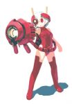  1girl arm_cannon bare_arms bare_hips bare_shoulders boots breasts cable commentary_request full_body hair_between_eyes headgear legs_apart leotard mecha_musume medium_breasts no_nose no_pupils original outstretched_arm red_eyes red_legwear red_leotard robot_ears sakamoto_ahiru shadow short_hair simple_background solo standing thigh-highs thigh_boots weapon white_background white_hair 