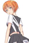  1girl :o black_skirt blue_eyes breasts cleavage eyebrows_visible_through_hair from_behind looking_at_viewer looking_back orange_hair original pallad parted_lips pleated_skirt short_hair short_sleeves simple_background skirt solo upper_body white_background 