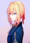  1girl artist_name blonde_hair blue_eyes eyebrows_visible_through_hair from_side grey_background hair_between_eyes hair_ribbon highres long_hair red_ribbon ribbon simple_background solo upper_body violet_evergarden violet_evergarden_(character) 