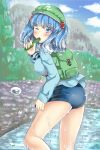  1girl ass backpack bag blue_eyes blue_hair blue_shirt blue_sky blurry blush breasts clouds commentary_request cucumber day depth_of_field eating eyebrows_visible_through_hair flat_cap forest hair_bobbles hair_ornament hat highres kawashiro_nitori kazari_s key large_breasts long_sleeves looking_at_viewer looking_back mountain nature no_pants one_eye_closed outdoors pond school_swimsuit shirt short_hair sky solo swimsuit touhou twintails water_drop wet wet_hair 