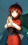  1girl ahoge brown_hair capelet commentary_request eyebrows_visible_through_hair highres long_hair looking_at_viewer okazaki_yumemi red_capelet red_eyes signature smile solo steepled_fingers touhou upper_body welt_(kinsei_koutenkyoku) 