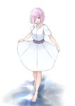  1girl :d bangs barefoot breasts collarbone commentary_request dress eyebrows_visible_through_hair fate/grand_order fate_(series) full_body hair_over_one_eye highres jilu mash_kyrielight medium_breasts open_mouth pink_hair short_sleeves sketch skirt_hold smile solo standing upper_teeth violet_eyes white_background white_dress 