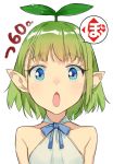  1girl :o bare_shoulders blue_eyes blue_neckwear bow bowtie commentary_request dress flat_chest green_eyes green_hair highres leaf leaf_on_head looking_at_viewer nonco open_mouth original short_hair simple_background solo upper_body white_background white_dress 