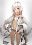  1girl absurdres altera_(fate) bangs black_bikini_bottom breasts choker cleavage collarbone dark_skin detached_sleeves eyebrows_visible_through_hair fate/grand_order fate_(series) grey_background hair_between_eyes highres looking_at_viewer red_eyes short_hair silver_hair small_breasts smile solo standing sunhyun white_bikini_top 