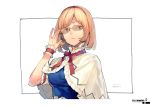  1girl adjusting_eyewear alice_margatroid bangs blonde_hair blue_shirt capelet eho_(icbm) eyebrows_visible_through_hair glasses hairband highres red_hairband red_ribbon ribbon shirt short_hair simple_background solo touhou upper_body white_background white_capelet wrist_cuffs 