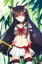  1girl absurdres ahoge animal_ears arms_behind_back bamboo bamboo_forest bangs bell bell_collar black_hair blunt_bangs bow breasts cat_ears cat_tail collar collarbone floating_hair forest groin hair_between_eyes hair_ornament head_tilt highres long_hair looking_at_viewer medium_breasts midriff mikuni_romance miniskirt nature navel outdoors pleated_skirt red_bow red_eyes sangoku_romance sheath sheathed skirt smile solo standing stomach striped striped_bow sword tail thigh-highs under_boob very_long_hair weapon white_skirt zettai_ryouiki 